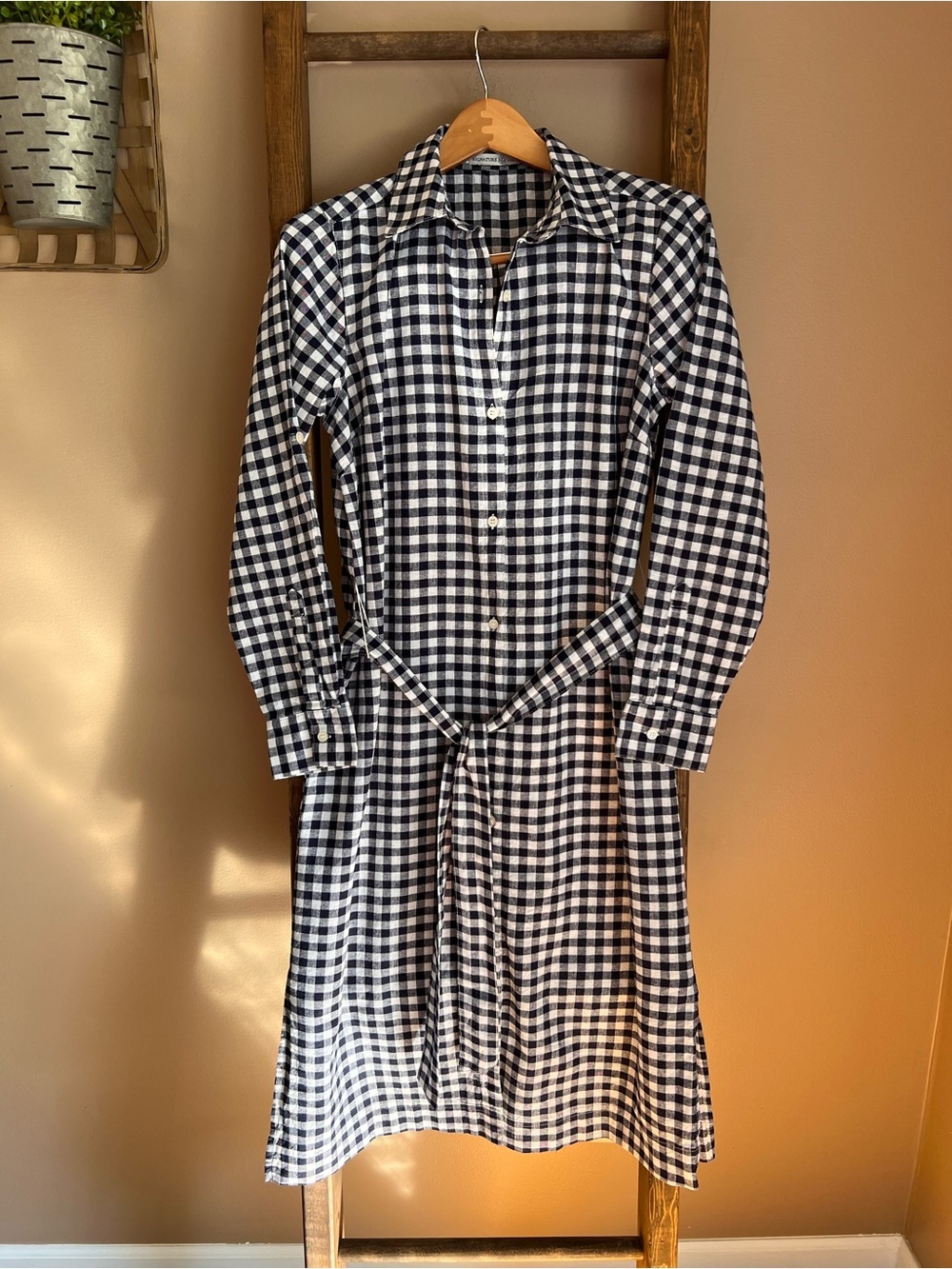 Navy Blue and White Gingham Linen and Cotton Shirt Dress with Tie Waist